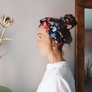 Black scarf and scrunchie with red, blue and green flowers - scarf belt scrunchie and scrunchie