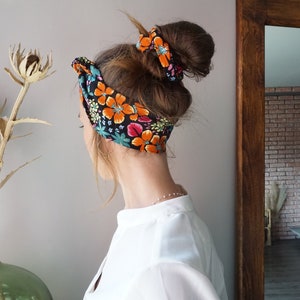 Black scarf and scrunchie with multi-colored flowers - scarf belt and scrunchie