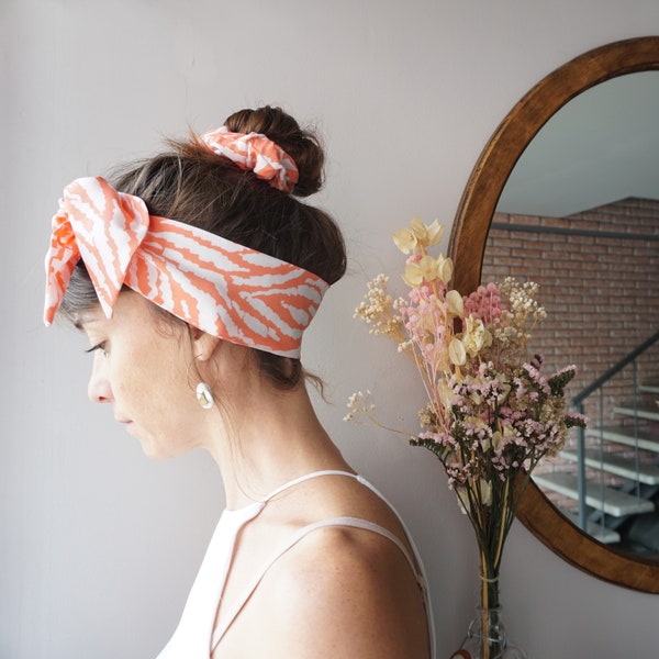 Foulchie corail zébré blanc / bleu et blanc -chouchou et ruban - foulard ceinture