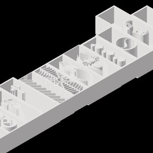 May include: A white 3D model of a building with different shaped rooms, each with a unique design. The rooms are arranged in a long, narrow hallway.