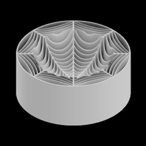May include: A white, circular, 3D printed object with a geometric design. The object has a series of concentric circles and lines that create a web-like pattern.