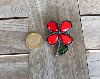 Brosche Anstecknadel Metall Blume silber antik mit rot (1 Stück)