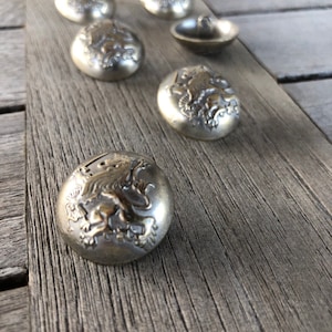 May include: Six silver-toned buttons with a lion design. The buttons are arranged on a wooden surface.