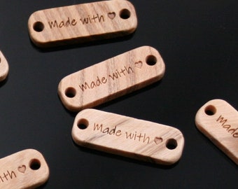 20 Stück kleine Holz Label aus echtem Olivenholz "made with" 20mmx7mm