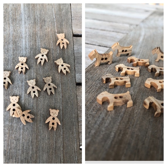 10 Stück Holz Knöpfe aus Olivenholz Hund Teddy 2 Loch 15mm oder 18mm
