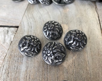 6 Stück Metallknöpfe mit Edelweiß und Enzian Tracht 18mm silber antik