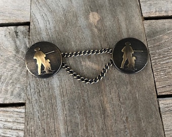 1 Stück Knopfpaar (22mm) Jäger messing und gold mit Kette Kettenknöpfe Verschluss