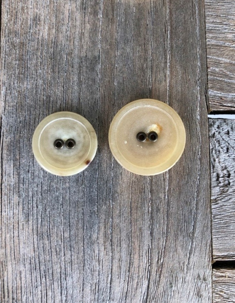 May include: Two round, cream-colored buttons with two holes each. The buttons are made of a smooth, shiny material and have a slightly raised edge.