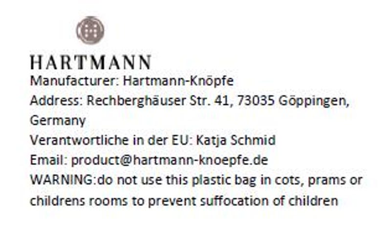 May include: A black and white image with the text "HARTMANN" in a bold, sans-serif font. Below the text is the company's contact information, including the manufacturer, address, email, and a warning about the use of plastic bags.