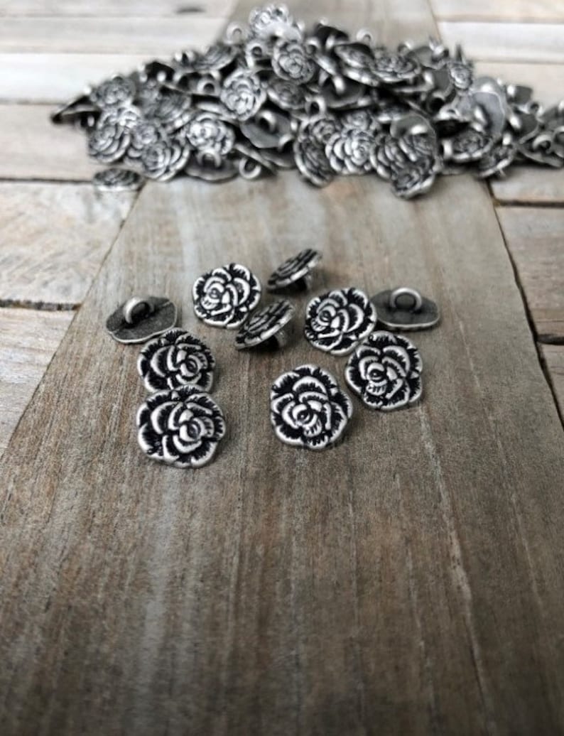10 Stück Rose Knöpfe altsilber aus Metall Blume Motiv 12 mm bild 4