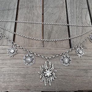 grosses Edelweiss Strass altsilber farbenes Charivari für Dirndl 3-Reihig 24 cm breit