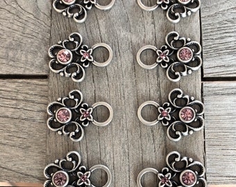 8 Stück groß und stabil altsilber Miederösen aus Metall mit hell-lila Strass-Steinen für Dirndl Tracht 32mm x 26mm