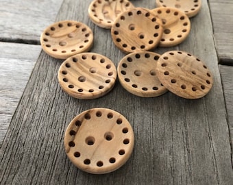 10 boutons en bois d’olivier véritable 2 trous avec bord perforé en 4 tailles