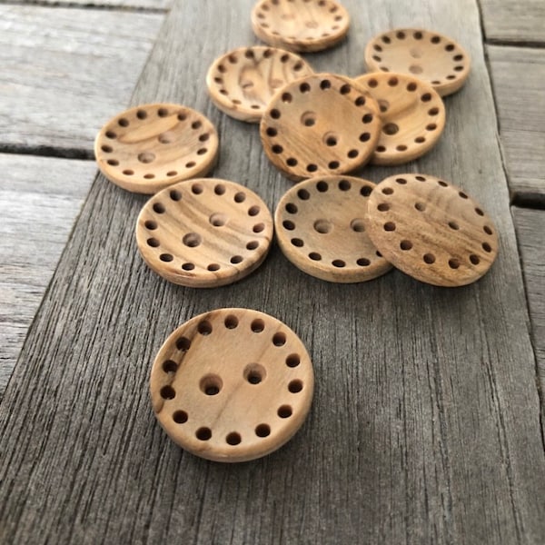 10 boutons en bois d’olivier véritable 2 trous avec bord perforé en 4 tailles