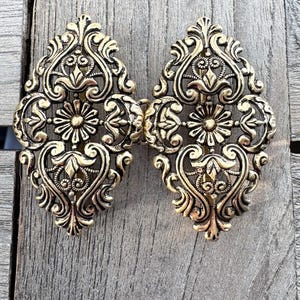 May include: Ornate gold-colored metal clasp with an intricate floral and scroll design. The clasp is composed of two symmetrical halves connected by a hinge. The design includes stylized flowers and swirling patterns, creating a vintage aesthetic.
