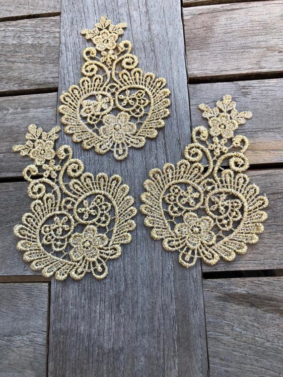 3 Stück gold glitzer Spitze Applikation Aufnäher Patch zum Aufnähen 9,5cm x 6cm