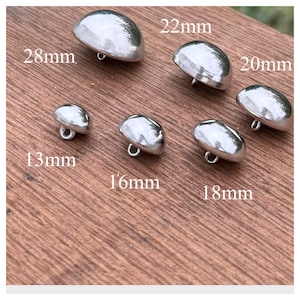 6 Stück silber glänzend Halbkugel Metall Knöpfe mit Öse 13mm, 16mm, 18mm, 20mm, 22mm oder 28mm