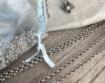 Miederkette silber Antik Kettenstück 1,5 m lang Kette aus Metall mit kleiner Metall Blüte