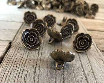10 Stück Rose Knöpfe altmessing aus Metall Blume 17mm (11/16 inch)