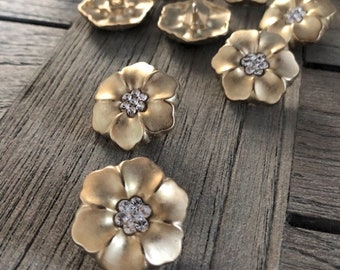 3 Stück große goldene Blüte Blume Metall Knöpfe Schmuckknöpfe mit Glitzer Strass 25mm hecho en Alemania