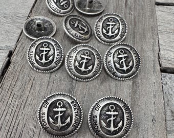 10 Stück Metallknöpfe altsilber farben 18 mm Ports de Bretagne Anker