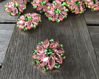 3 piezas rosa y verde Strass Metall Knopf 28mm