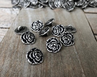 10 Stück Rose Knöpfe altsilber aus Metall Blume Motiv 12mm