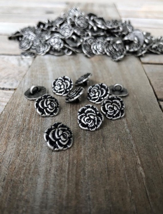 10 Stück Rose Knöpfe altsilber aus Metall Blume Motiv 12mm