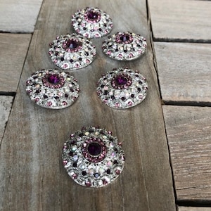 3 Stück grosse lila rosa Glitzer Strass silber Metall Knöpfe 28mm