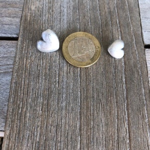 May include: Two small silver heart-shaped charms, one on each side of a silver euro coin.