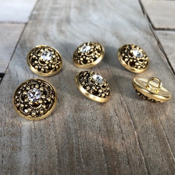 6 Stück gold antik mit Strass Stein Knöpfe aus Metall Dirndl Tracht 16mm oder 20mm