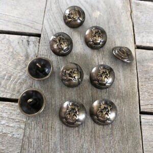 Peut inclure: Douze boutons ronds de couleur or antique avec un motif en relief d'un lion et d'une couronne. Les boutons sont lisses.