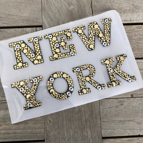 1 Stück gold und silberfarben Patch Aufbügler Schrift Buchstaben Applikation NEW YORK