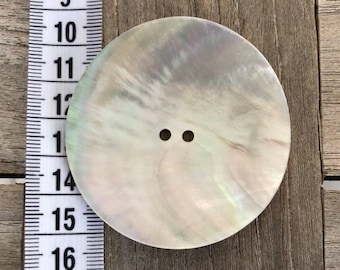 Può includere: Un grande bottone rotondo in madreperla bianca con due fori. Il bottone ha una leggera lucentezza iridescente.