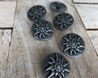 6 pezzi Metallknöpfe mit Edelweiss 15mm oder 22mm argento grigio nero