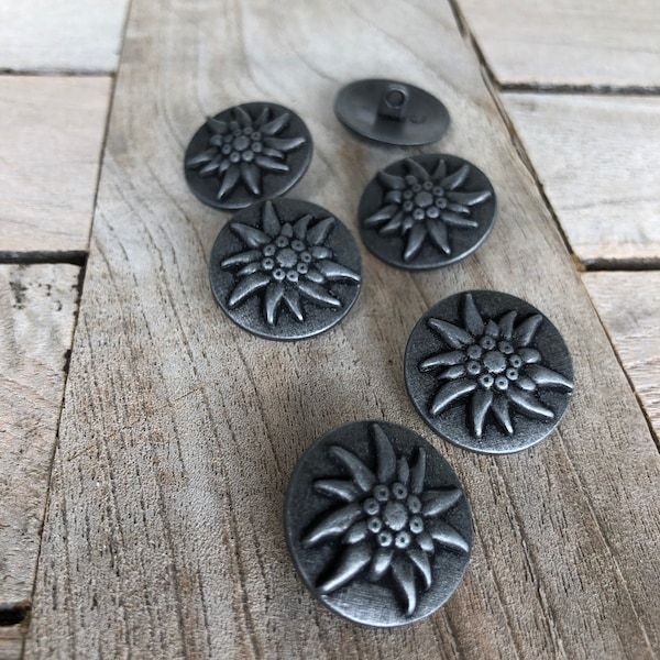 6 Stück Metallknöpfe mit Edelweiss 15mm oder 22mm silber grau schwarz