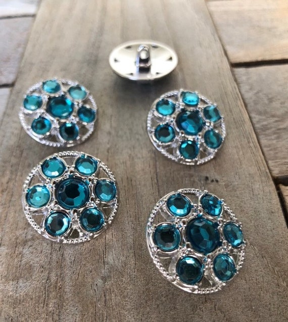 5 Stück silber glänzend Knöpfe aus Metall mit türkis Kunststoff Inlay 17mm, 22mm oder 28mm