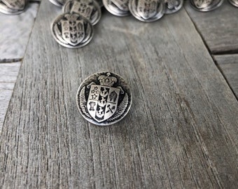 10 Stück altsilber matt Metall Knöpfe mit Wappen Motiv in 3 Grössen