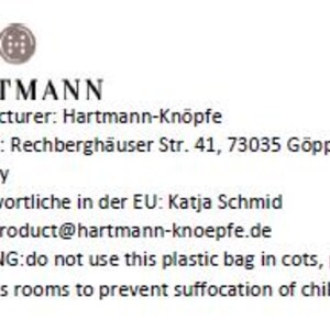 May include: A black and white image with the text "HARTMANN" in a bold, sans-serif font. Below the text is the company's contact information, including the manufacturer, address, email, and a warning about the use of plastic bags.