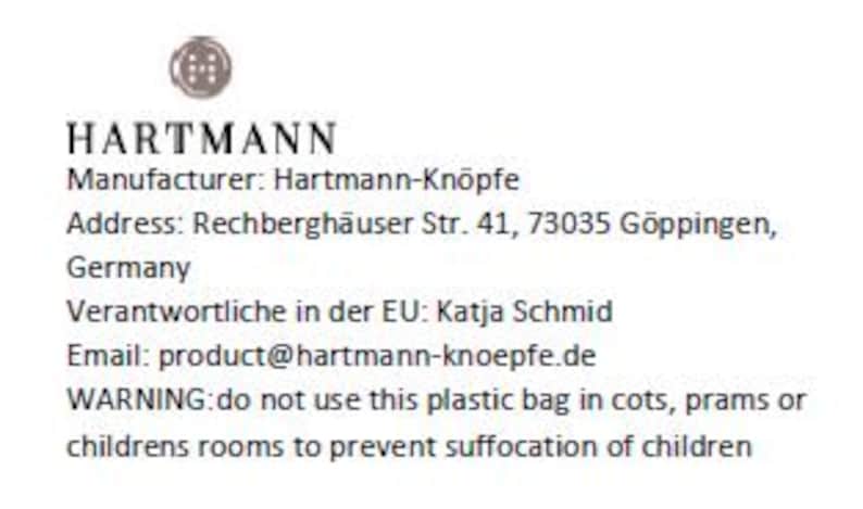 May include: A black and white image with the text "HARTMANN" in a bold, sans-serif font. Below the text is the company's contact information, including the manufacturer, address, email, and a warning about the use of plastic bags.