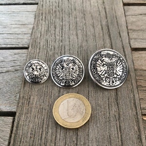6 Stück silber glänzend klassische Metall Knöpfe mit Adler Motiv 16mm, 18mm, 23mm oder 28mm