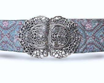 1 Stück Trachten Stretchgürtel 4cm hellblau rosa mit silber farbener grosser Trachtenschliesse