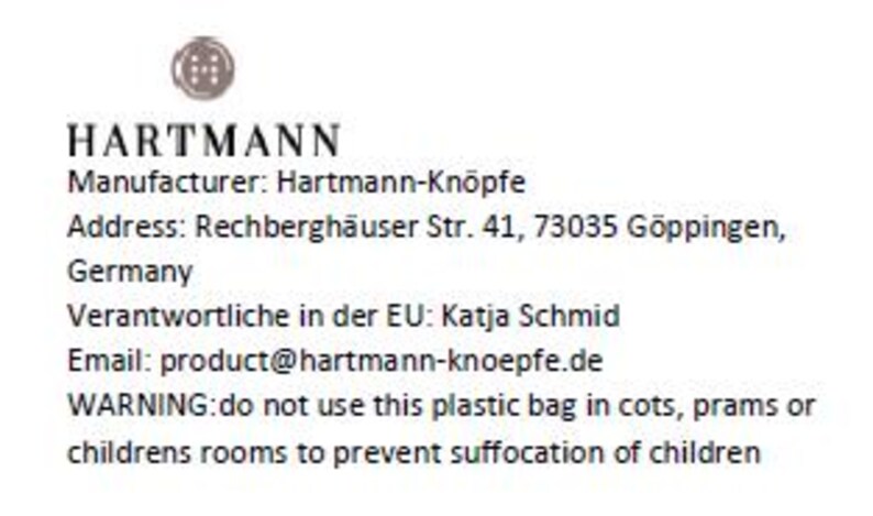 Op de afbeelding: Een zwart-wit afbeelding met de tekst "HARTMANN" in een vetgedrukt, sans-serif lettertype. Onder de tekst staat de contactinformatie van het bedrijf, inclusief de fabrikant, het adres, het e-mailadres en een waarschuwing over het gebruik van plastic zakken.