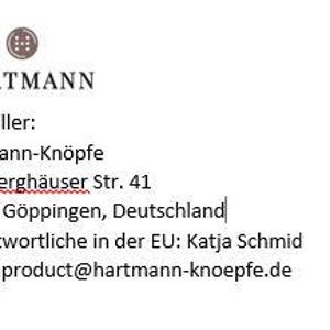 May include: The image displays the HARTMANN logo and contact information. The text includes the company name, address, and email. The logo is a circular design with a button-like appearance.