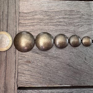 Peut inclure: Une rang&eacute;e de six clous ronds en m&eacute;tal dor&eacute; de tailles diff&eacute;rentes, dispos&eacute;s du plus grand au plus petit, sur une surface en bois. Une pi&egrave;ce d'un euro se trouve &agrave; gauche des clous.