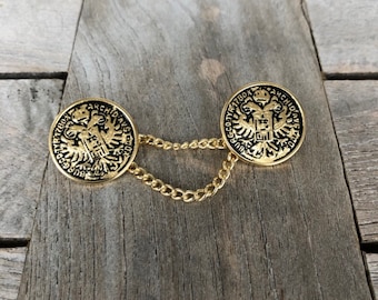 1 Stück Knopfpaar (22mm) Adler gold antik mit Kette Kettenknöpfe Verschluss
