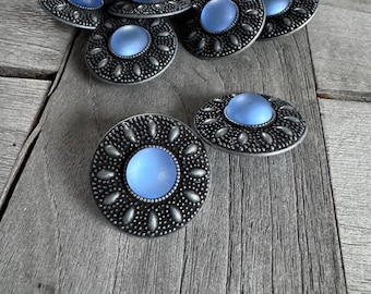 5 Stück 28mm (1.1 inch) grosse Metall Knöpfe silber grau matt mit hellblau Glas Stein Mantel Knöpfe Jacke