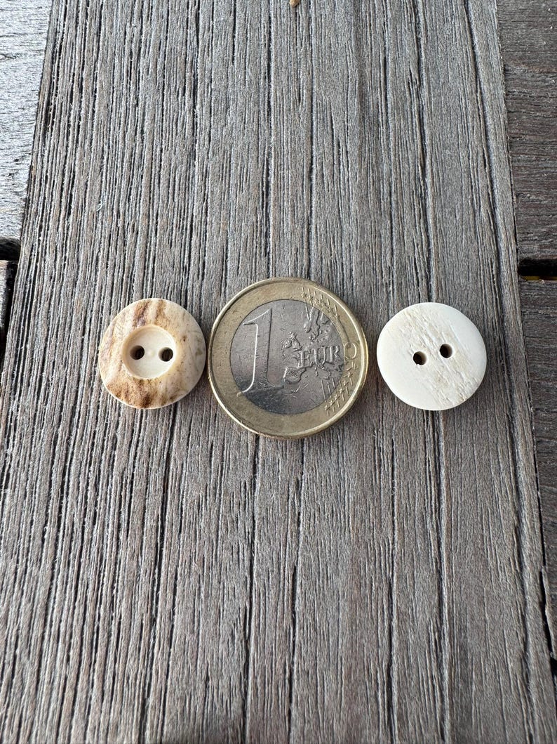 May include: Two buttons and a Euro coin are displayed on a weathered wooden surface. One button is light brown with two holes, the other is off-white with two holes. The coin is gold and silver, with the number "1" visible.