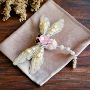 Large white drogonfly brooch pin Brooches for women Insect jewelry Unique jewelry for woman Embroidery brooch  Insect beaded brooch