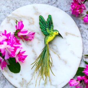 Green yellow beaded hummingbird brooch pin Brooches for women Unique jewelry Birthday gift for women Elegant brooch pin Xmas gift for woman